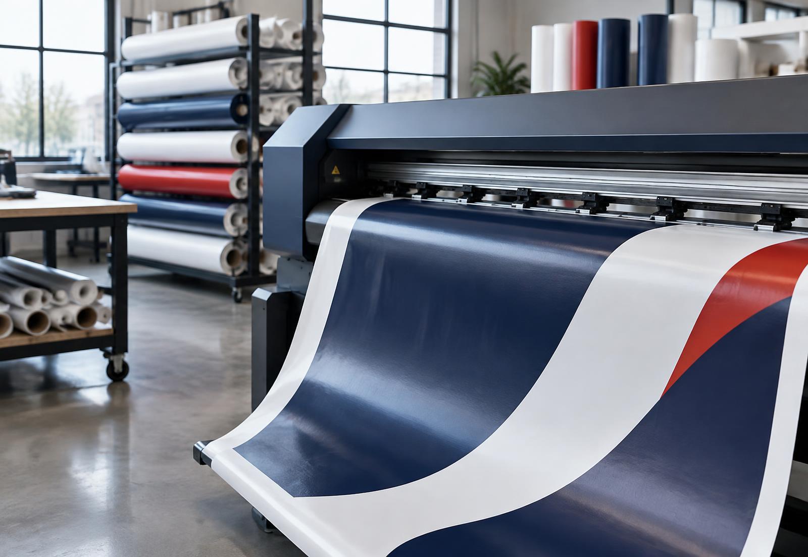 Large format printer producing a navy, white and red vinyl banner